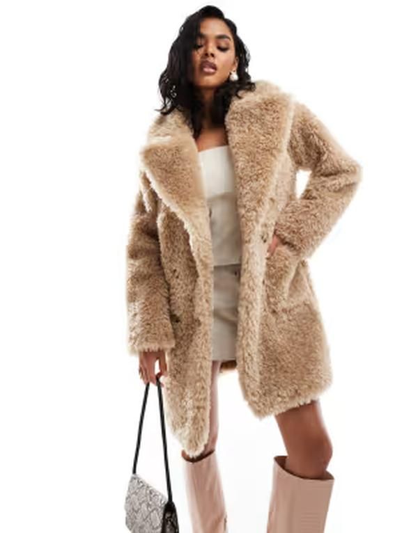エバーニュー レディース アウター コート Ever New button up faux fur coat in light Brown ブラウン