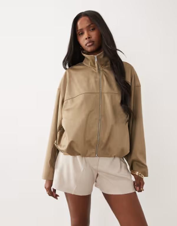 ジーナトリコ レディース アウター コート ハイネック スエード ジャケット Gina Tricot faux suede high neck jacket in olive Green グリーン