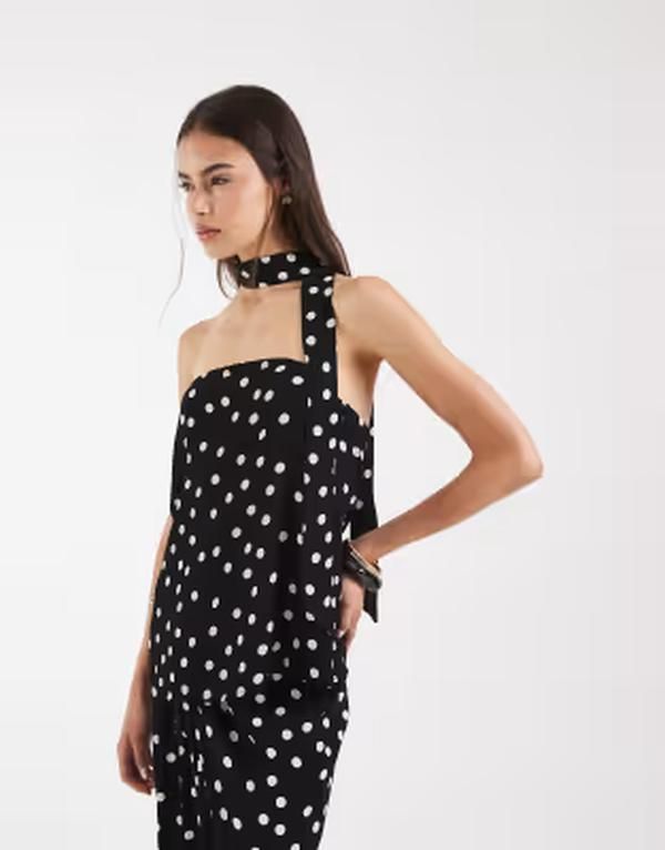 ベロモーダ レディース トップス タンクトップ ドット Vero Moda Tall woven bandeau top with scarf detail and white polka dots