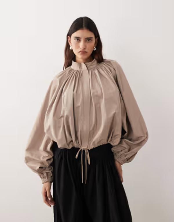 アレンジ レディース アウター ジャケット・ブルゾン バルーンスリーブ ARRANGE oversized bomber jacket with balloon sleeves in stone Br