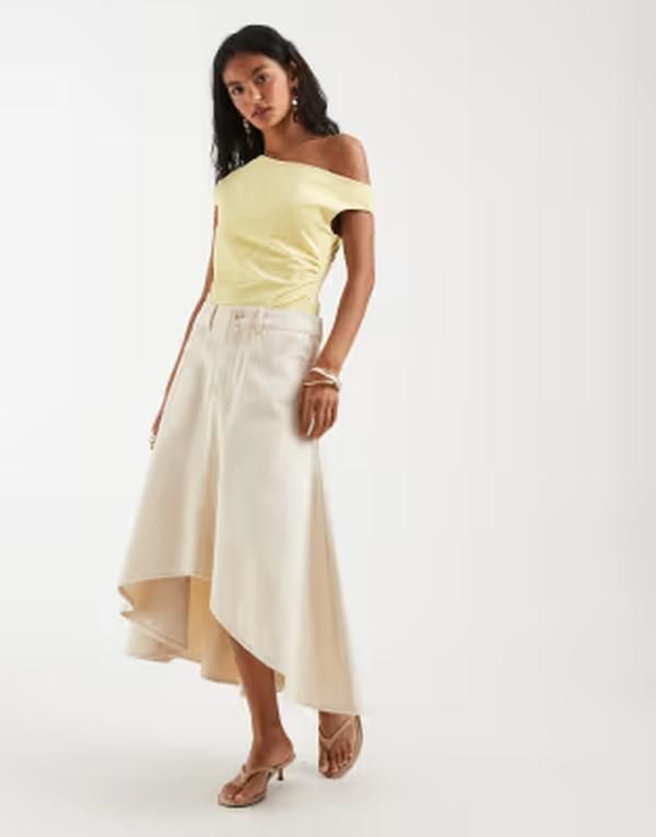 オブジェクト レディース ボトムスカート デニム Object denim highlow hem full skirt in cream BIRCH W クリーム