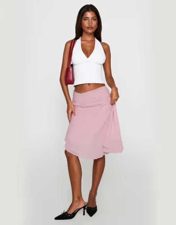 プリンセスポリー レディース ボトムスカート シフォン アシンメトリー ミディ Princess Polly Evanscence chiffon asymmetric hem gathe red w