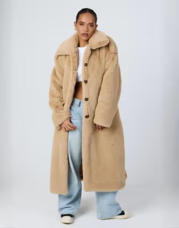 アリアコーブ レディース アウター コート マキシ Aria Cove faux fur button detailing colla red belted maxi coat in camel キャ