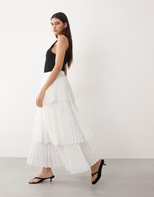 アレンジ レディース ボトムスカート ティアード プリーツ ARRANGE tie red pleated midaxi skirt WHITE ホワイト