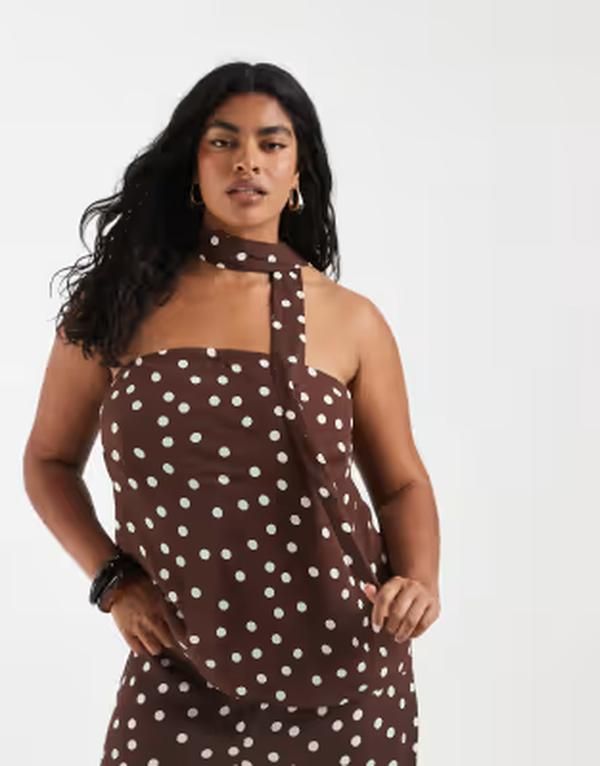 ヴェロモーダ レディース トップス タンクトップ ドット柄 ドット プリント Vero Moda Curve woven bandeau top with scarf detail in chocol