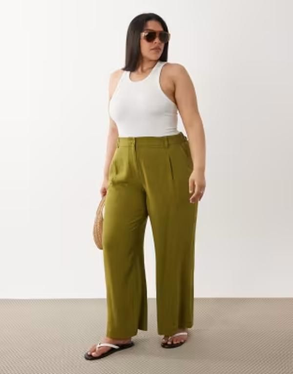 エイソス レディース ボトムス カジュアルパンツ ストレート リネン ASOS Curve ASOS DESIGN Curve relaxed straight leg pants with line