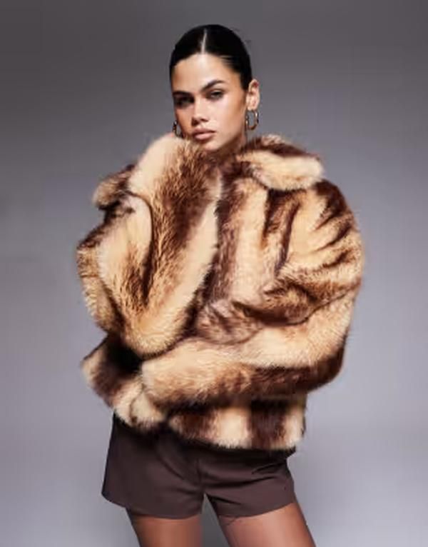 アリアコーブ レディース アウター コート ミディ Aria Cove faux fur midi coat in cream and brown stripe BROWN ブラウン
