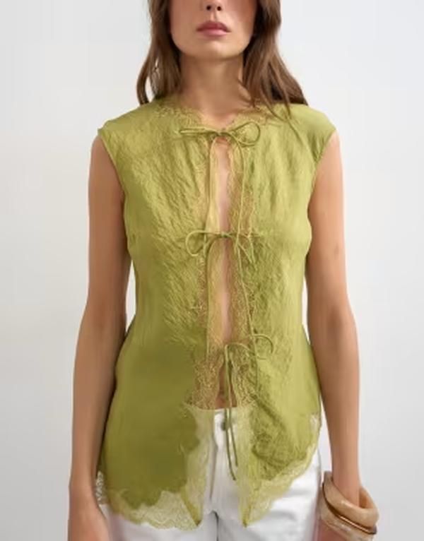 トップショップ レディース トップス タンクトップ アシンメトリー キャップ レース Topshop cap sleeve asymmetric tie front lace detail top K