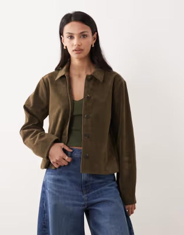 ジーナトリコ レディース アウター コート スエード ジャケット Gina Tricot faux suede short jacket Khaki green グリーン