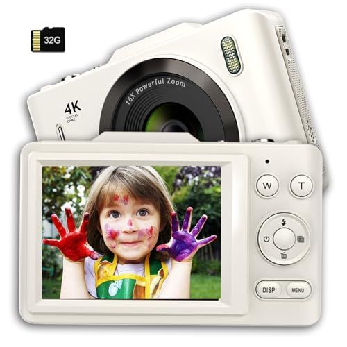 デジタルカメラ 4K対応小型 30FPS、6800万画素のコンビネーション、HD 1080Pビデオ撮影可能、3インチ画面、充電式、16倍デジタルズーム 初心者に最適、クリスマス用ポケットカメラ、子供の誕生日にも 軽量で持ち運び便利 32GB 7249e8b1