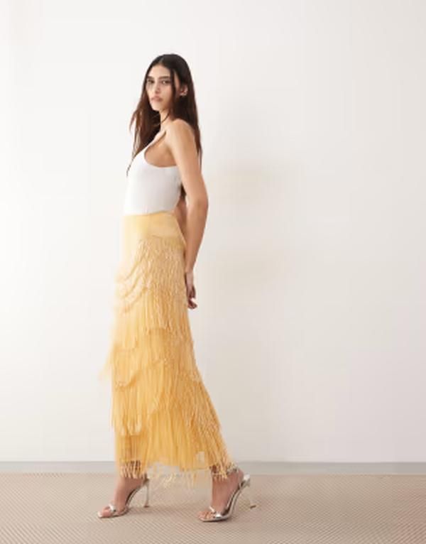 アレンジ レディース ボトムスカート フリンジ ARRANGE beaded fringe column midaxi skirt in yellow イエロー