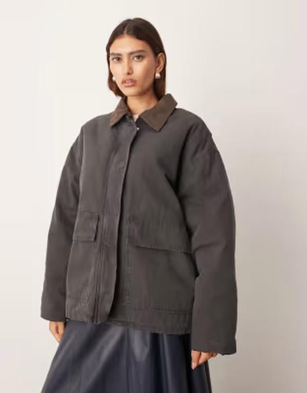 アレンジ レディース アウター ジャケット・ブルゾン コーデュロイ ARRANGE oversized canvas barn jacket with corduroy collar detail G