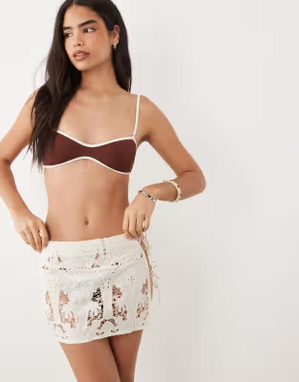 ミッシーエンパイア レディース ボトムスカート セミシアー ミニ シアー コットン レース Missyempire cotton semi sheer lace tie sidetail mini s