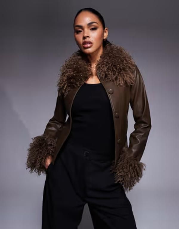 プリンセスポリー レディース アウター ジャケット・ブルゾン レザー Princess Polly Cupid shaggy faux fur trim leather look jacket BRO