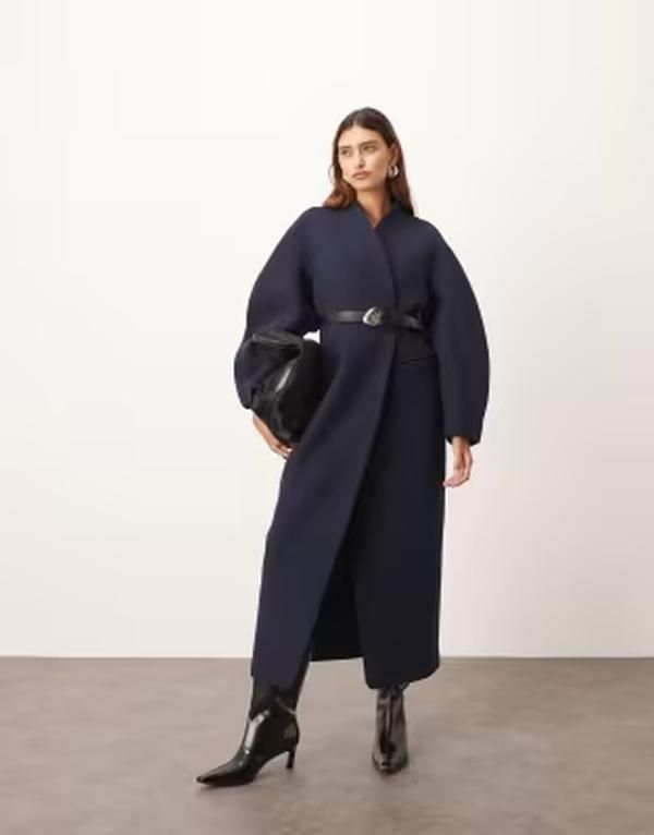 アレンジ レディース アウター コート ウエストマーク ウール ARRANGE wool mix cinched waist ovoid sleeves coat NAVY ネイビー