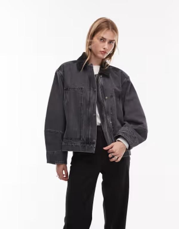 アルケット レディース アウター ジャケット・ブルゾン コントラスト ARKET canvas barn jacket in washed black with contrast cord colla