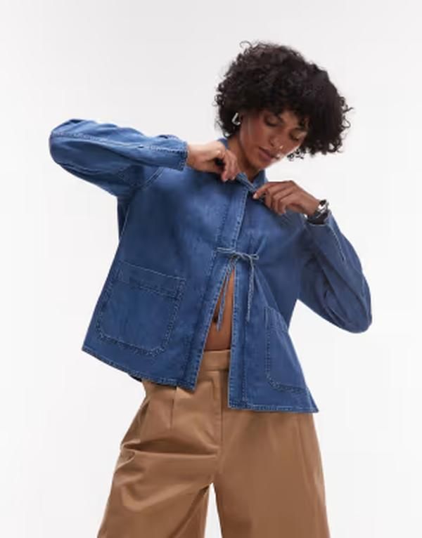 アルケット レディース アウター ジャケット・ブルゾン デニム ARKET denim shacket with tie front detail in mid wash Mid wash blue