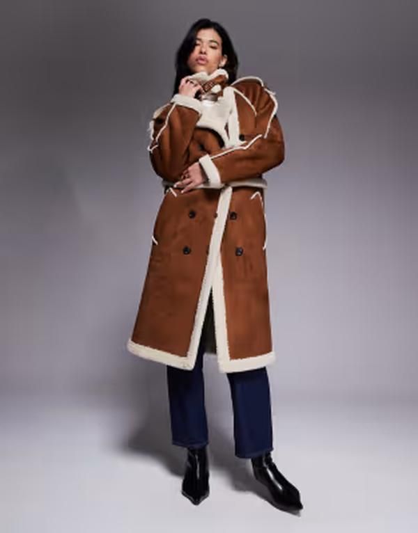 アリアコーブ レディース アウター コート スエード Aria Cove faux suede shearling look trim buckle detail 2 in 1 longline co