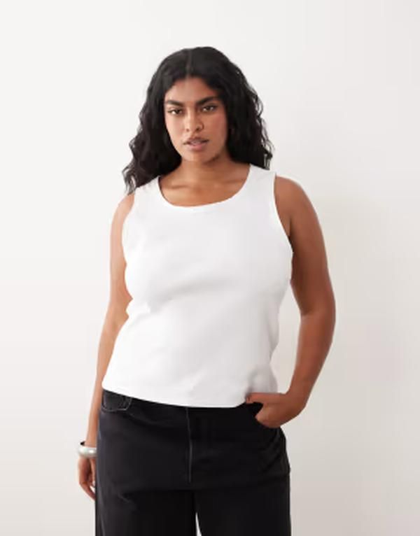 アレンジ レディース トップス ベスト リブ コットン ARRANGE Curve ribbed tank top with raw cotton trim WHITE ホワイト