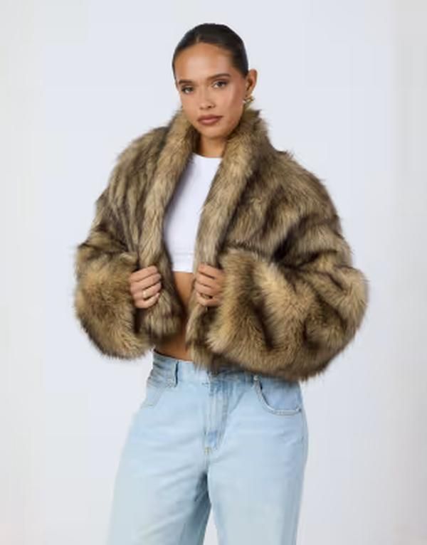 アリアコーブ レディース アウター ジャケット・ブルゾン クロップド Aria Coversized cropped wide sleeve faux fur jacketipped fur BROW