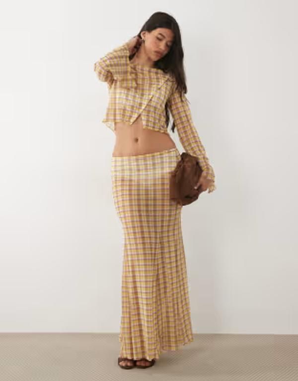 エイソス レディース ボトムスカート プリント メッシュ マキシ ASOS DESIGN printed mesh maxi skirt in yellow plaid part of a set M