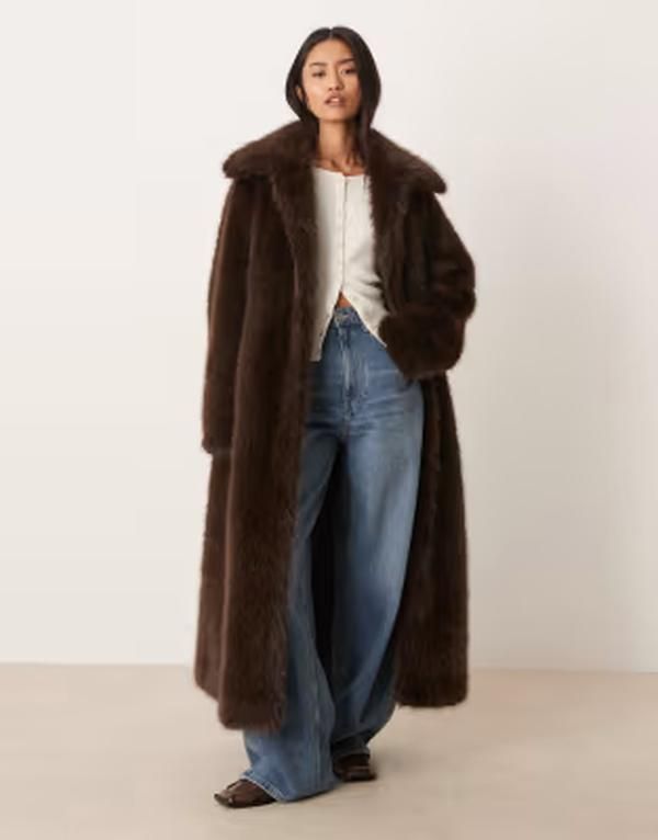 ジーナトリコ レディース アウター コート マキシ Gina Tricot faux fur maxi coat in dark brown ブラウン