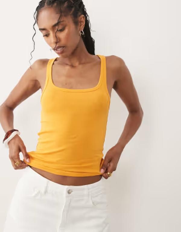 マンゴ レディース トップス ベスト コットン Mango cotton rich racer tank top in orange オレンジ