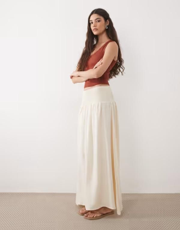 エイソス レディース ボトムスカート リネン マキシ ASOS DESIGN linen blend shir red waist maxi skirt Ivory アイボリー