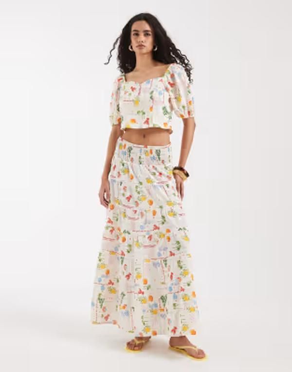ヴェロモーダ レディース ボトムスカート プリント シャーリング マキシ Vero Moda smocked waist maxi skirt in cream seaside print part