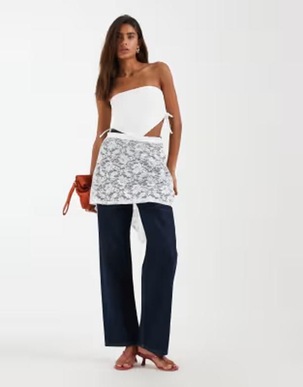 ピーシーズ レディース ボトムスカート レース PIECES lace layering waist scarf Cloudancer ホワイト