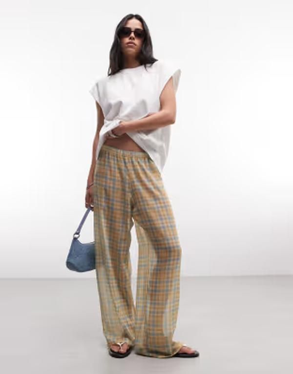 リクレイム ヴィンテージ レディース ボトムス カジュアルパンツ ワイドレッグ シアー Reclaimed Vintage sheer wide leg pants in plaid Beige ch