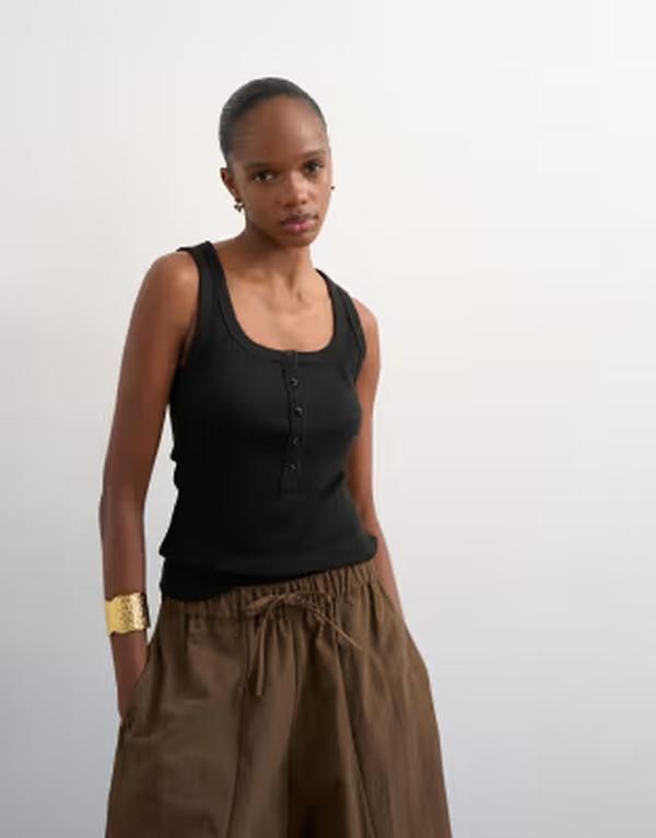 トップショップ レディース トップス ベスト リブニット Topshop button placket rib knitank top Black ブラック