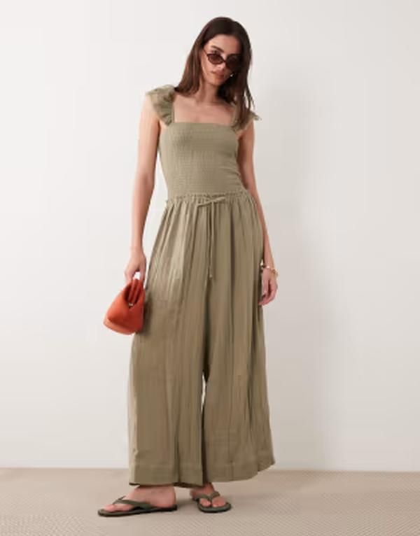 エイソス レディース トップス ジャンプスーツ ワイドレッグ ASOS DESIGN double cloth wide leg jumpsuit Khaki カーキ