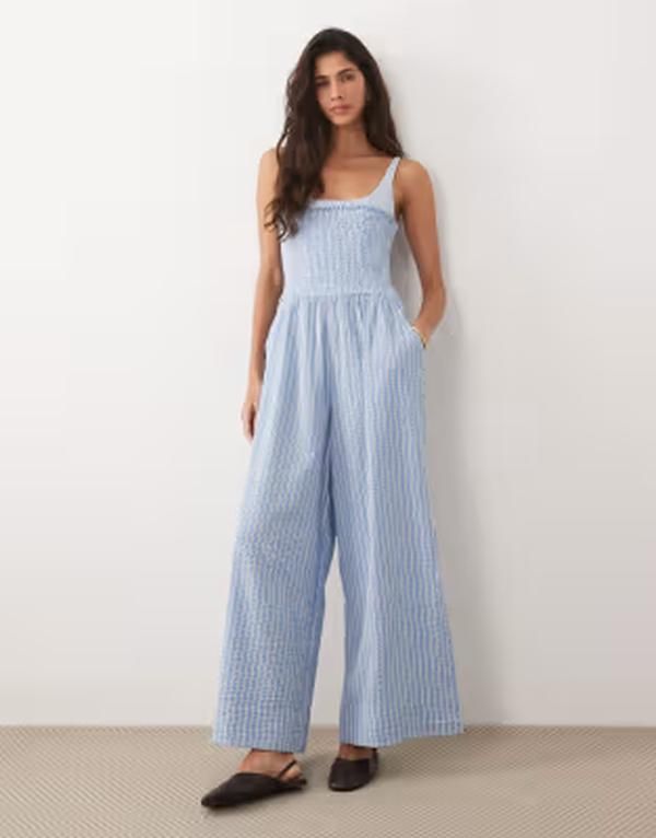 エイソス レディース トップス ジャンプスーツ コントラスト ASOS DESIGN contrastraps jumpsuit stripes Blue stripe ブルー