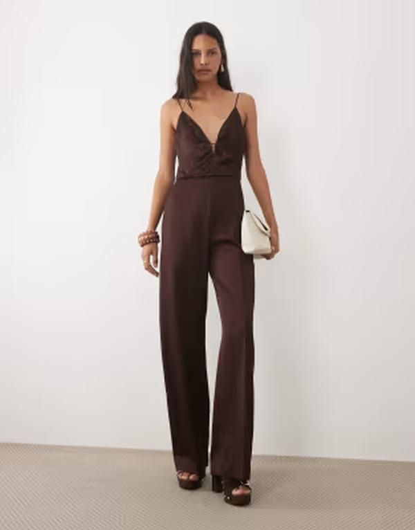 マンゴ レディース トップス ジャンプスーツ Vネック ノースリーブ Mango vneck sleeveless tailo red jumpsuit BROWN ブラウン