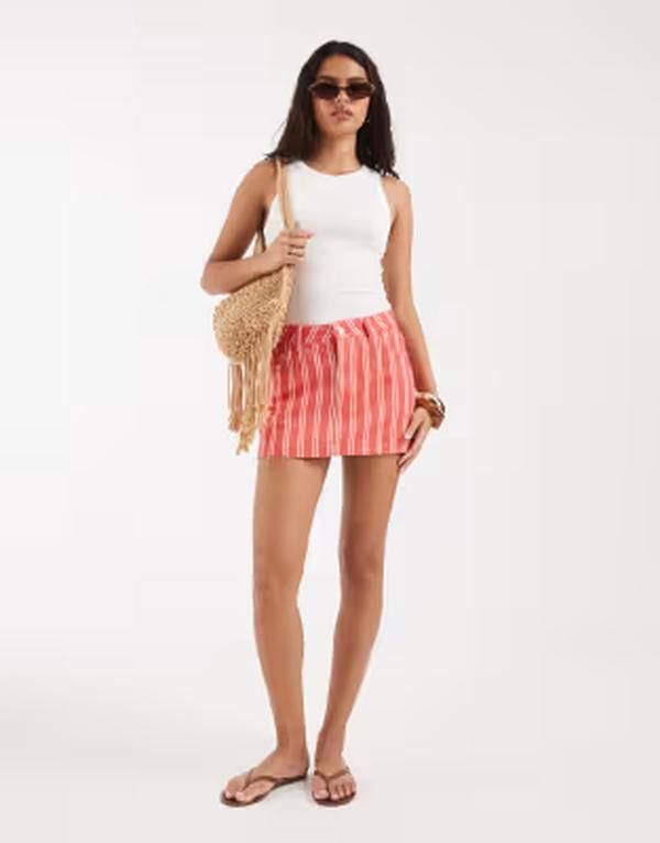 エイソス レディース ボトムスカート プリント ミニ デニム ASOS DESIGN mini skirt denim striped print Red Stripe レッド