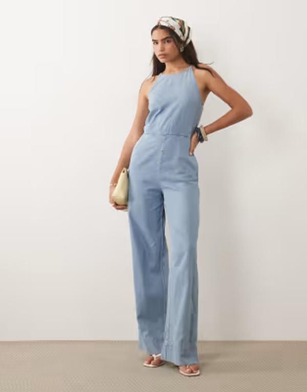 マンゴ レディース トップス ジャンプスーツ コットン デニム Mango 100 cotton denim jumpsuit in light BLUE ブルー