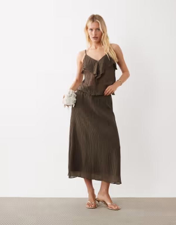 ヴィラ レディース ボトムスカート シフォン ミディ VILA crinkle chiffon midi skirt part of a set Slate black ブラック