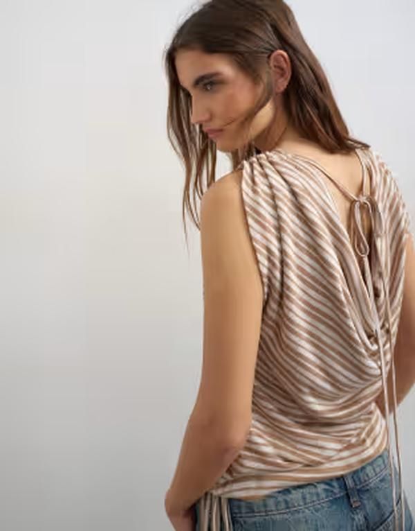 トップショップ レディース トップス タンクトップ ギャザー リネン Topshop stripe linen blend cowl ruched side top ineutral STRIPE ス