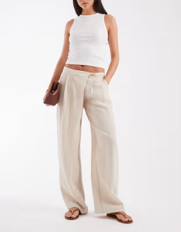 エイソス レディース ボトムス カジュアルパンツ リネン ASOS DESIGN tailo red linen look wrap front resin buckle detail pants i