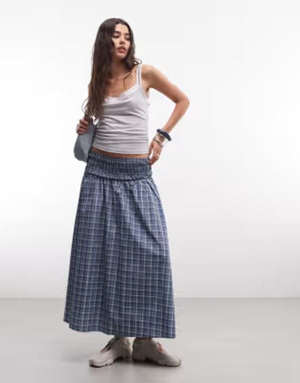 コルージョン レディース ボトムスカート マキシ COLLUSION channeled waistband maxi skirt plaid BLUE ブルー