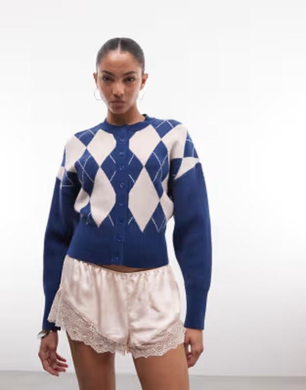 デイジーストリート レディース アウター カーディガン Daisy Street fitted waist cardigan in argyle
