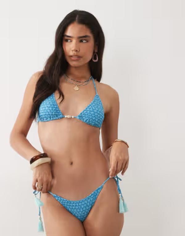 マンゴ レディース 水着 トップのみ プリント Tシャツ Mango Teen crinkle string bikini set print BLUE ブルー