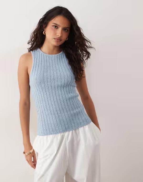 エイソス レディース アウター ニット・セーター リブ ASOS DESIGN ribbed racer boucle tank top Blue ブルー 9,734円