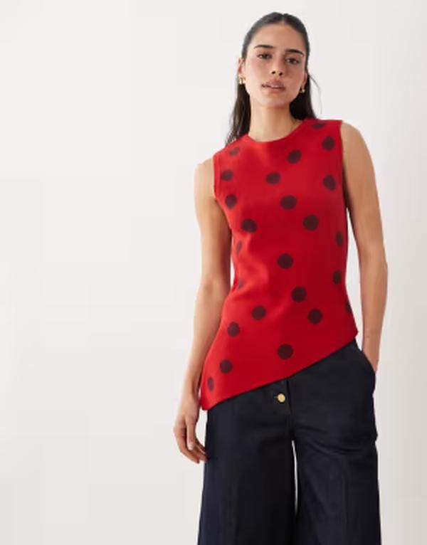 エイソス レディース トップス タンクトップ ドット柄 アシンメトリー ドット プリント ニット ASOS DESIGN knit cinched asymmetric topolka dot pri