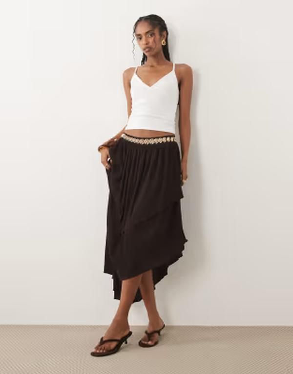 エイソス レディース ボトムスカート アシンメトリー ミディ ASOS DESIGN textu red pliss asymmetric midi skirt in chocolate チョコレート 13,490円