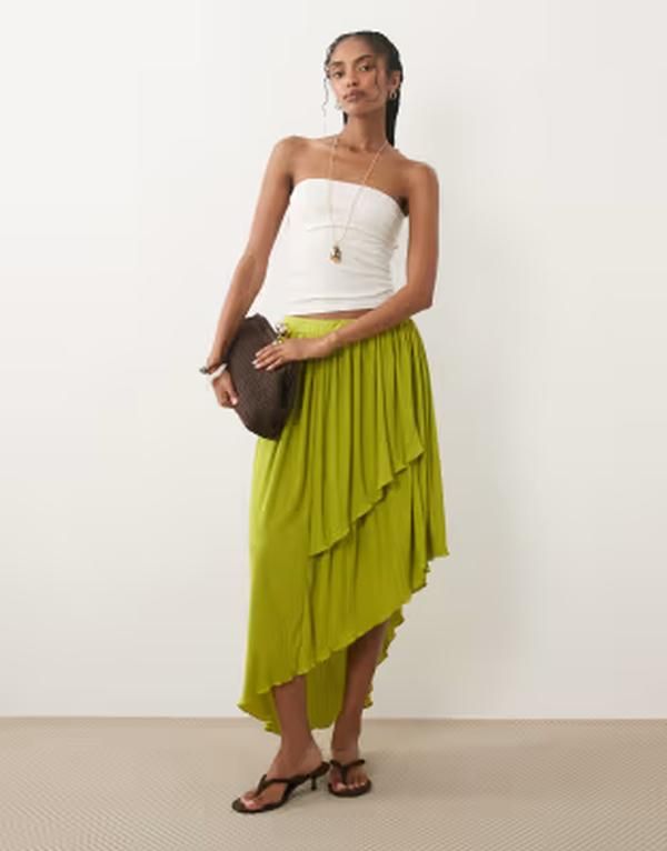 エイソス レディース ボトムスカート アシンメトリー ミディ ASOS DESIGN textu red plisse asymmetric midi skirt Green グリーン