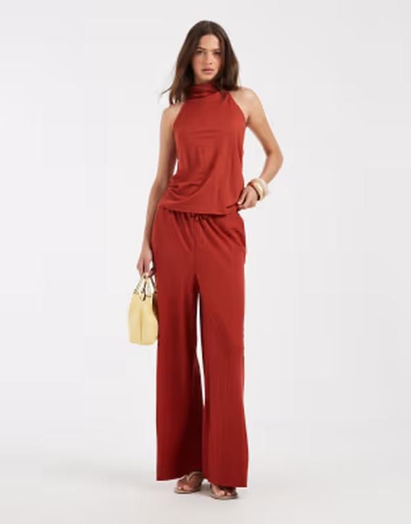リバーアイランド レディース ボトムス カジュアルパンツ ワイドレッグ リネン River Island linen look wide leg pants in rust ラスト