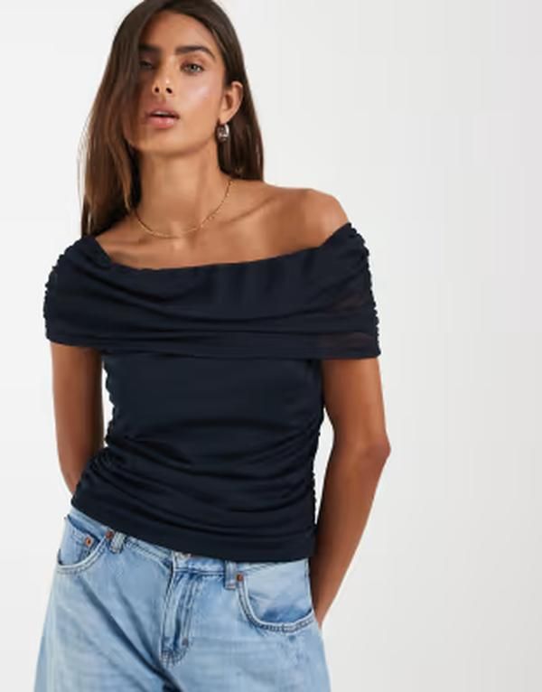 オブジェクト レディース トップス タンクトップ ギャザー メッシュ Object ruched mesh off the shoulder top Sky captain ネイビー