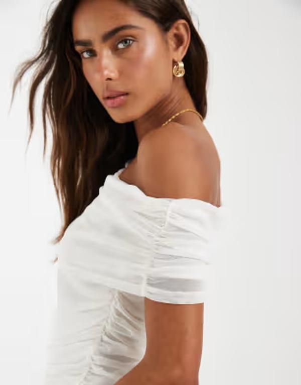 オブジェクト レディース トップス タンクトップ ギャザー メッシュ Object ruched mesh off the shoulder top Cloudancer ホワイト